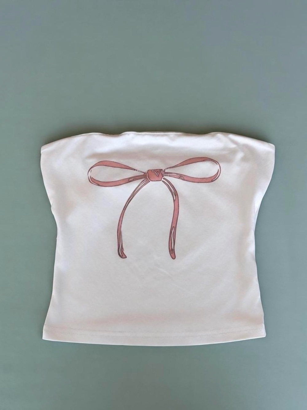 White Strapless Tube Top with Pink Bow Graphic